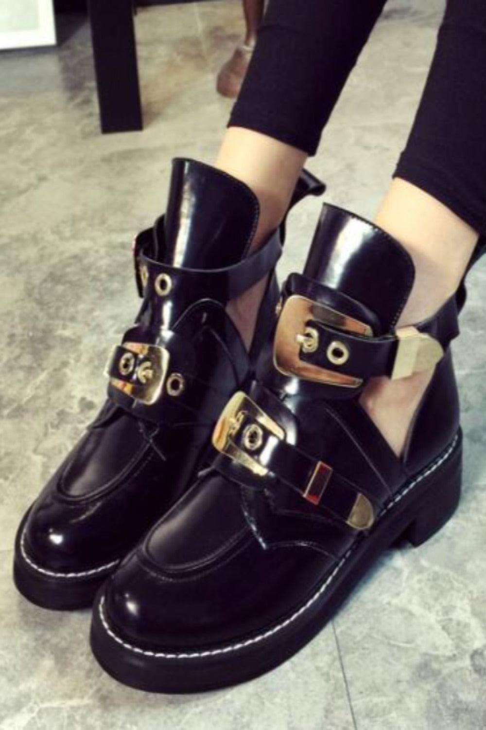 Cut Out Metal Buckle Strap Ankle Boots