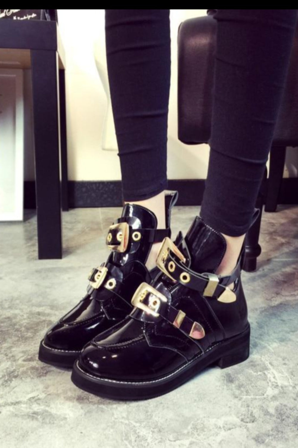 Cut Out Metal Buckle Strap Ankle Boots