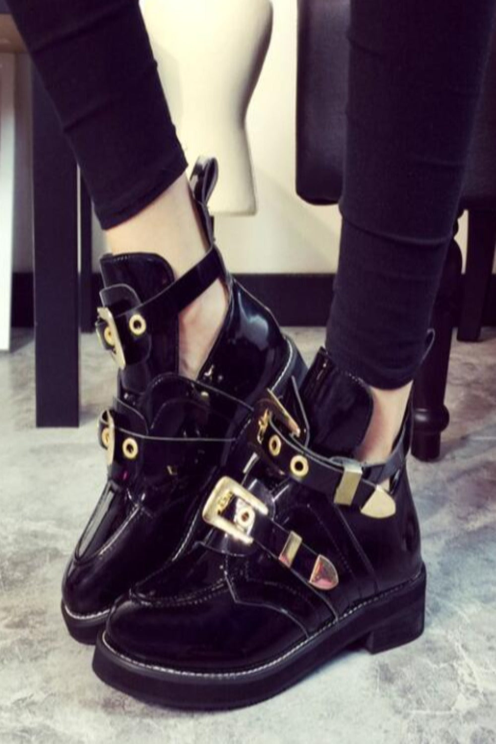 Cut Out Metal Buckle Strap Ankle Boots