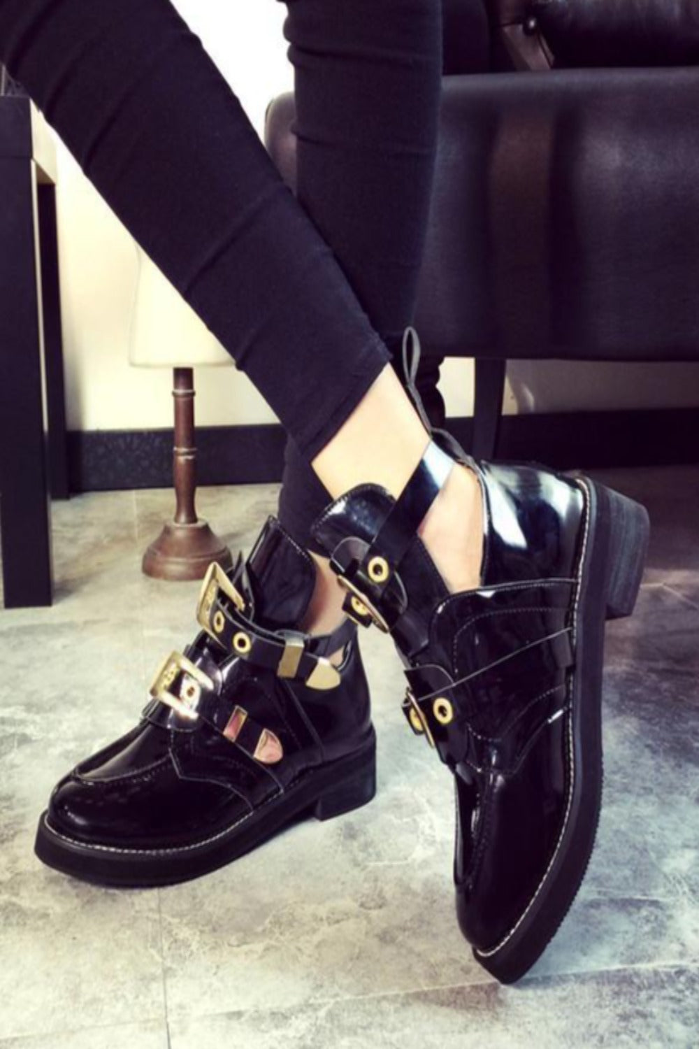 Cut Out Metal Buckle Strap Ankle Boots