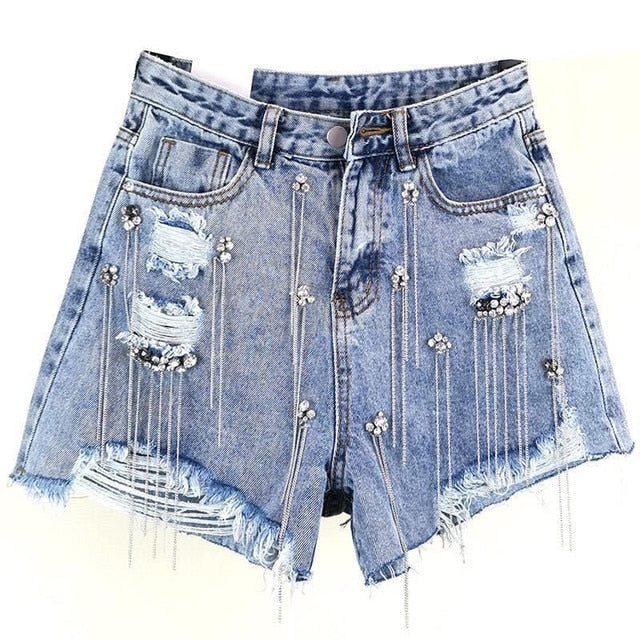 Tassel Rhinestone Denim Shorts