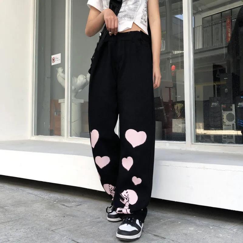 Casual Pants Women Love Skull Bone Print Wide Leg Pants