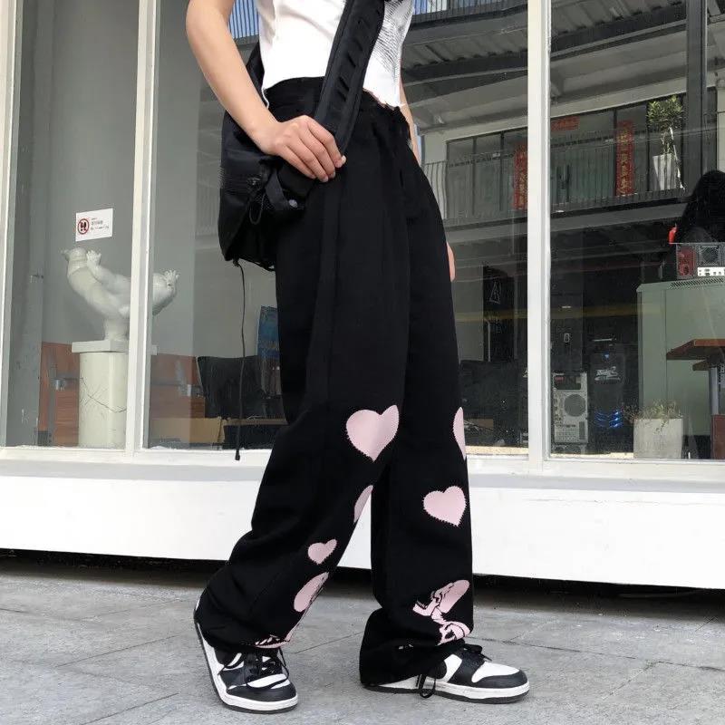 Casual Pants Women Love Skull Bone Print Wide Leg Pants