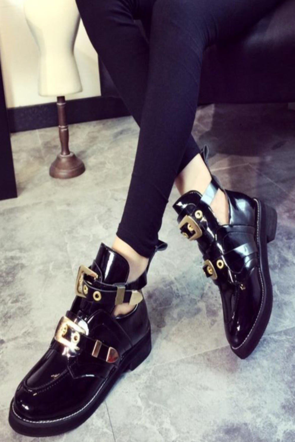 Cut Out Metal Buckle Strap Ankle Boots